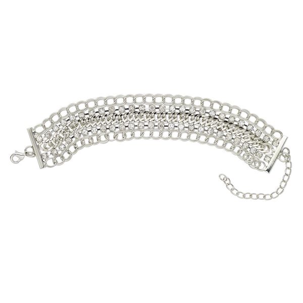 Bracelet, 5-strand, glass rhinestone / silver-finished brass / steel / "pewter" (zinc-based alloy), clear, 26mm wide, 7 inches with 2-1/2 inch extender chain and lobster claw clasp. Sold individually. image number 0