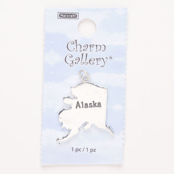 Charm, steel and enamel, pkg/1, silver finish and black, 25mm with "Alaska." image number 0