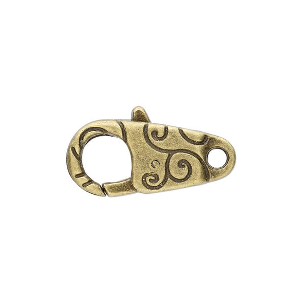 Clasp, lobster claw, antique brass-plated "pewter" (zinc-based alloy), 24.5x11mm with double-sided swirl design. Sold per pkg of 6. image number 0