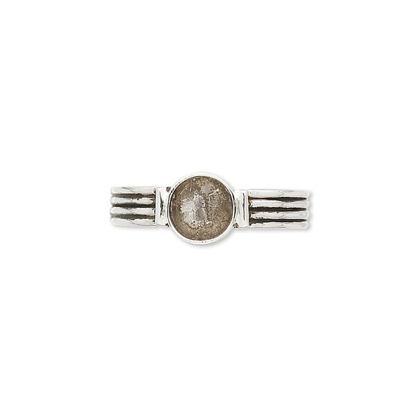 Ring, antiqued sterling silver, 4mm round with 4-line design and 6mm round setting, size 7. Sold individually. image number 0
