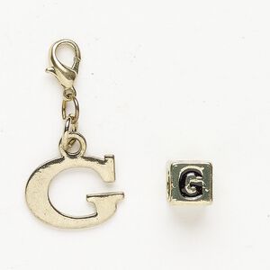 Charm and bead 1pkg2 brass-finished "pewter" (zinc-based alloy) / steel / enamel, black, 16x12mm "G" with lobster claw clasp and 7mm cube with "G".