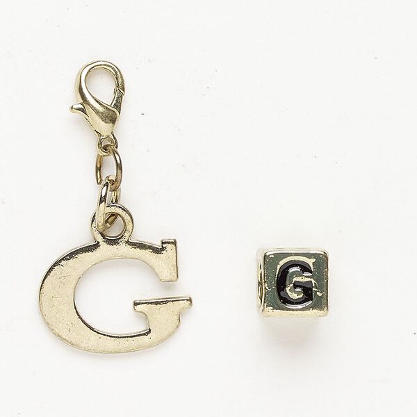 Charm and bead 1pkg2 brass-finished "pewter" (zinc-based alloy) / steel / enamel, black, 16x12mm "G" with lobster claw clasp and 7mm cube with "G". image number 0