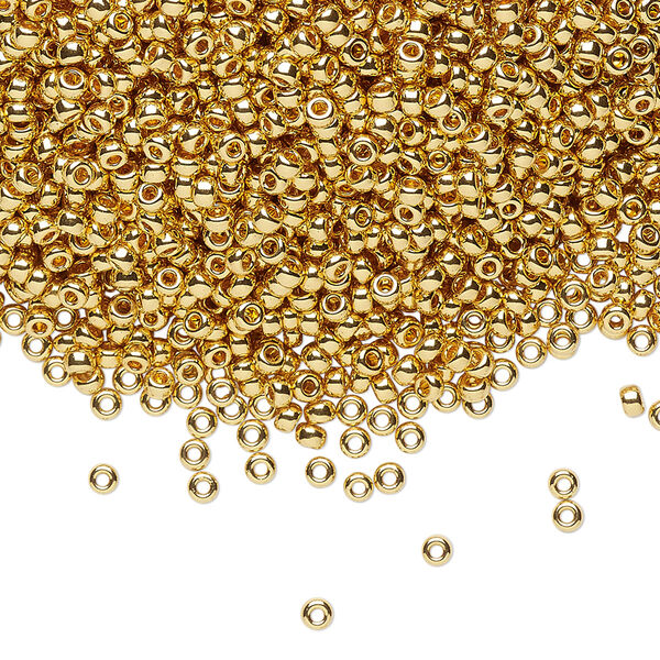 Seed bead, Miyuki, glass, pkg/4g, #11 rocaille, opaque 24Kt gold-plated, (RR-191). image number 0