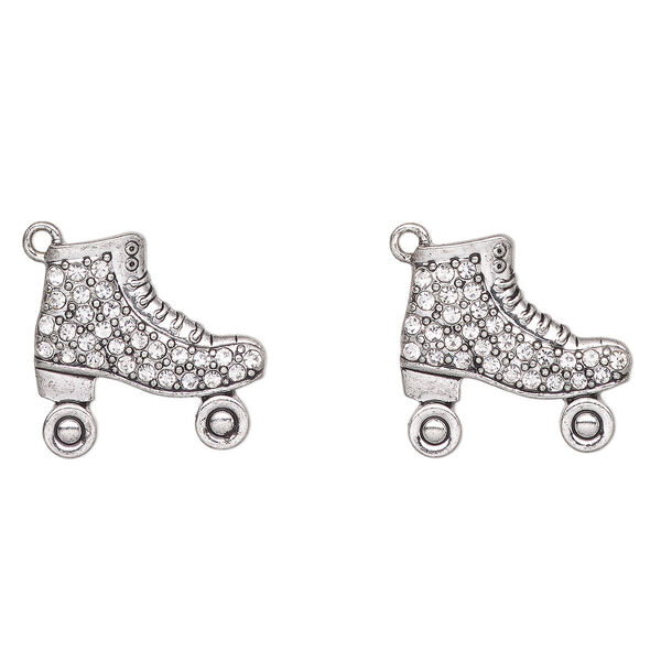 Charm, antique silver-finished "pewter" (zinc-based alloy) and glass, clear, 28x24mm roller skate. Sold per pkg of 2. image number 0
