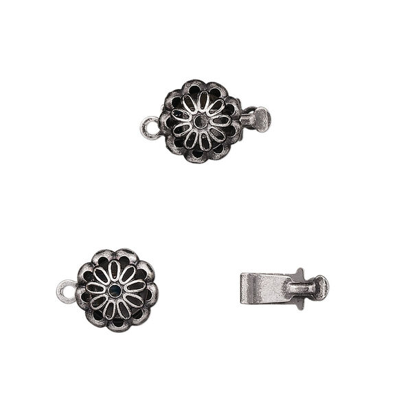 Clasp, tab, antique silver-plated brass, 9x9mm flower. Sold per pkg of 10. image number 0