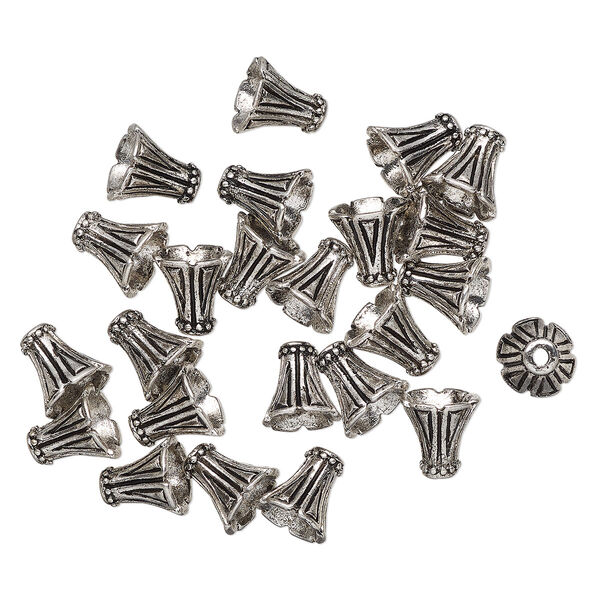 Cone, antique silver-finished "pewter" (zinc-based alloy), 12mm cone with triangle design, 9mm end. Sold per pkg of 24. image number 0