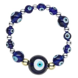 Bracelet, stretch, glass / acrylic / gold-finished or imitation rhodium-plated steel, multicolored, 5-18mm round with wards off the evil eye design, 6 inches. Sold individually.