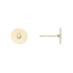 Earstud 1pkg100 gold-plated, 8mm flat pad, brass / steel 50 pair