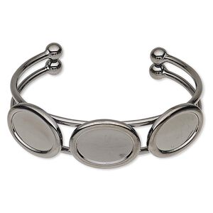 Bracelet, cuff, gunmetal-plated brass and "pewter" (zinc-based alloy), 18mm wide with (3) 18x13mm oval settings, adjustable. Sold individually.