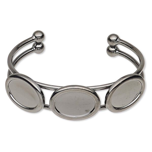 Bracelet, cuff, gunmetal-plated brass and "pewter" (zinc-based alloy), 18mm wide with (3) 18x13mm oval settings, adjustable. Sold individually. image number 0