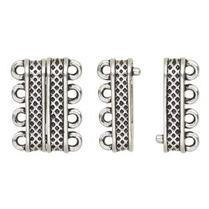 Clasp magnetic 1pkg1 "pewter" (zinc alloy), 20x9mm rectangle, antique silver-finished 4-strand