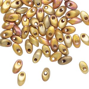Seed bead, Miyuki, glass, pkg/10g, 7x4mm long magatama, opaque 24Kt gold-plated matte (LMA-191FR).