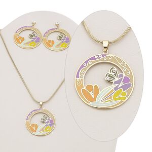 Necklace and earring set, enamel / Czech glass rhinestone / gold-plated brass, multicolored, 38mm open round with flower and butterfly design, 15" to 16" necklace with 2-inch extender chain and lobster claw clasp, 47mm earrings with post. Sold per set.