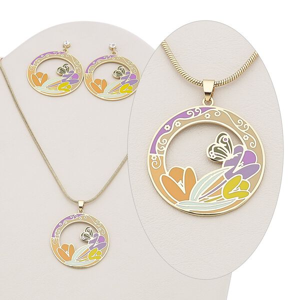 Necklace and earring set, enamel / Czech glass rhinestone / gold-plated brass, multicolored, 38mm open round with flower and butterfly design, 15" to 16" necklace with 2-inch extender chain and lobster claw clasp, 47mm earrings with post. Sold per set. image number 0