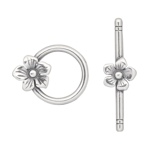 Clasp, JBB Findings, toggle, antique silver-plated pewter (tin-based alloy), 23x18mm single-sided round with flower. Sold individually. image number 0