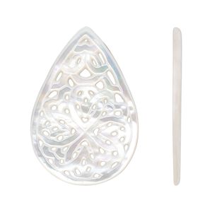 Focal, mother-of-pearl shell (bleached), 33x22mm undrilled carved teardrop with cutout design, Mohs hardness 3-1/2. Sold individually.