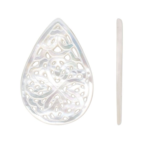 Focal, mother-of-pearl shell (bleached), 33x22mm undrilled carved teardrop with cutout design, Mohs hardness 3-1/2. Sold individually. image number 0