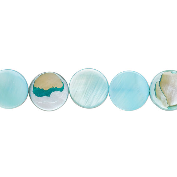 Bead, mother-of-pearl shell (dyed), blue, 10mm flat round, Mohs hardness 3-1/2. Sold per 15-1/2" to 16" strand. image number 0