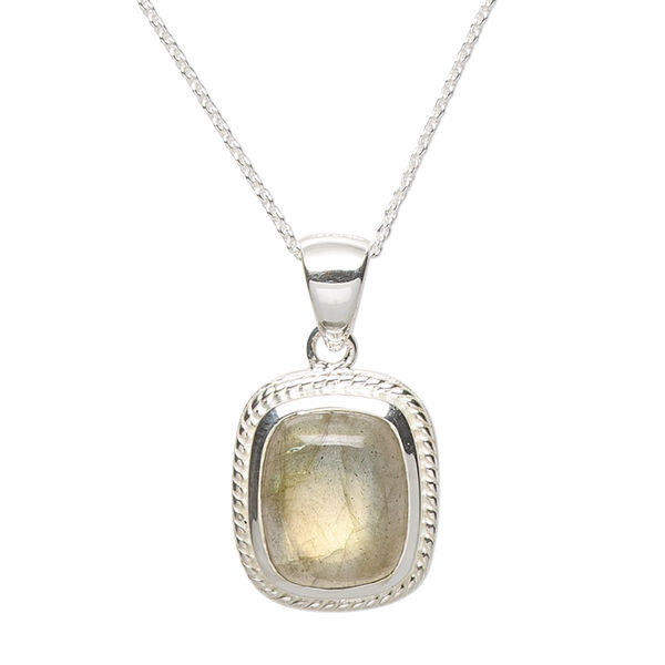 Necklace, labradorite (natural) and sterling silver, 17x14mm rectangle, 18 inches with springring clasp. Sold individually. image number 0