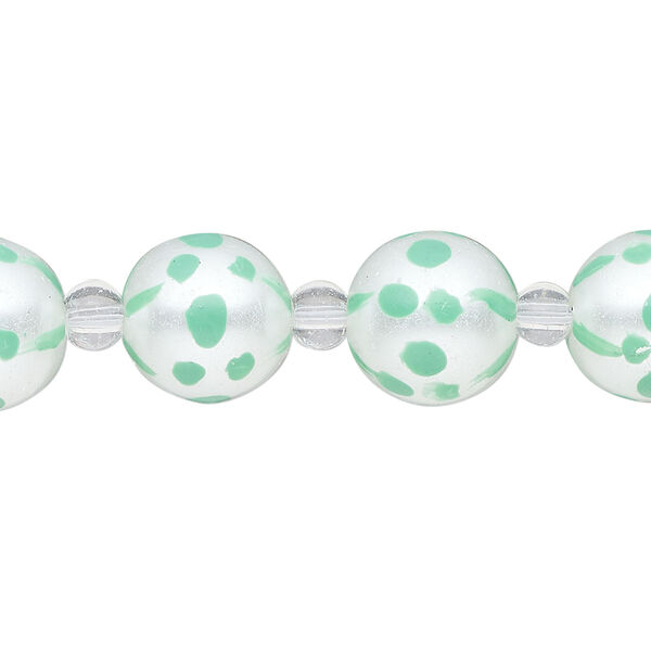 Bead, glass 1pkg8, opaque seafoam green and white, 12mm hand-painted round. image number 0