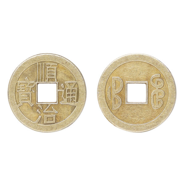 Charm, antique brass-plated aluminum, 24mm Chinese coin replica. Sold per pkg of 20. image number 0