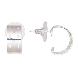 Earstud hoop 1pkg10, 16x8mm perforated half-round / comfort clutch earnut, silver-finished brass / acrylic clear 5 pair