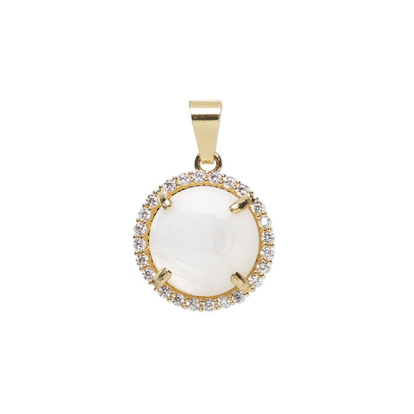 Pendant, glass rhinestone / mother-of-pearl shell / gold-finished brass, clear and white, 15mm single-sided round. Sold individually. image number 0