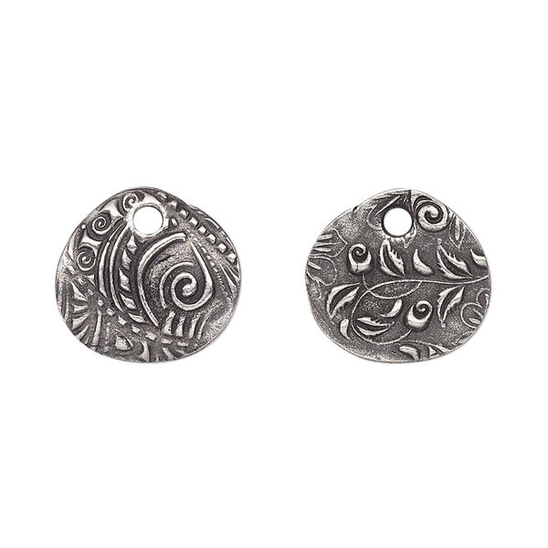 Drop, TierraCast®, "Vida Mas Dulce" collection, antiqued pewter (tin-based alloy), 15x14mm two-sided oval with jardin design. Sold per pkg of 2. image number 0