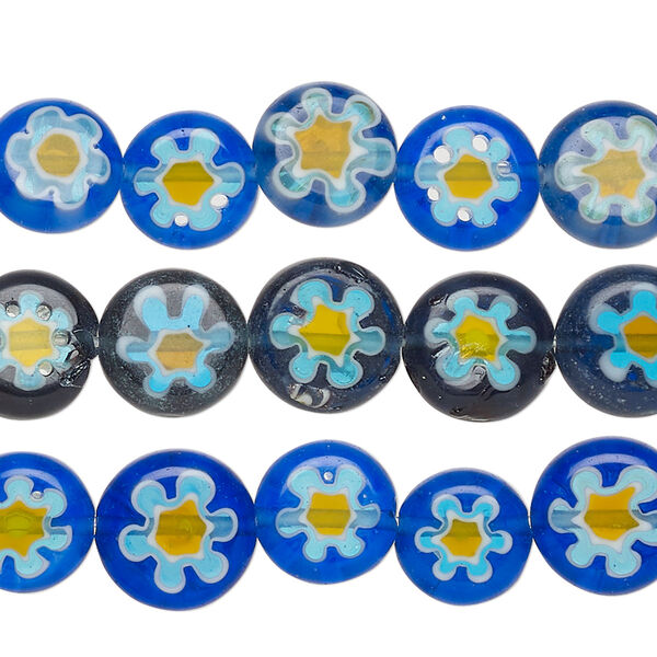 Bead mix, millefiori glass, multicolored, 9-10mm puffed flat round with flower design. Sold per pkg of (3) 14-inch strands. image number 0