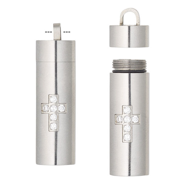 Pendant, silicone / glass rhinestone / stainless steel, black and clear, 40x11mm cylinder with cross design and twist-off top. Sold individually. image number 0