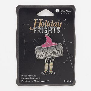 Focal, enamel / antique silver-finished "pewter" (zinc-based alloy) / steel, multicolored, 47x33mm single-sided overall with "HAPPY HALLOWEEN" and witch hat and legs. Sold individually.