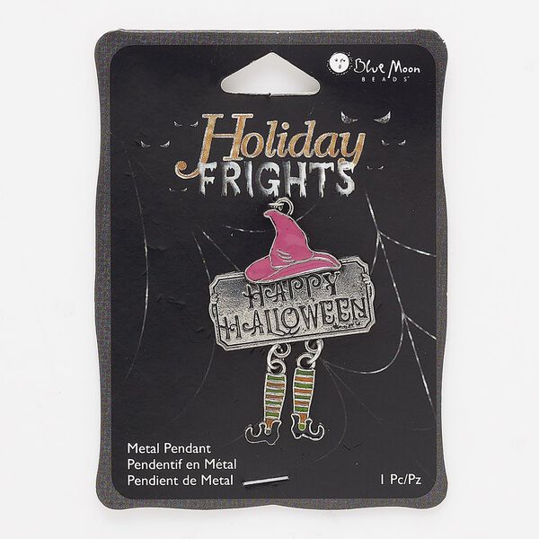 Focal, enamel / antique silver-finished "pewter" (zinc-based alloy) / steel, multicolored, 47x33mm single-sided overall with "HAPPY HALLOWEEN" and witch hat and legs. Sold individually. image number 0