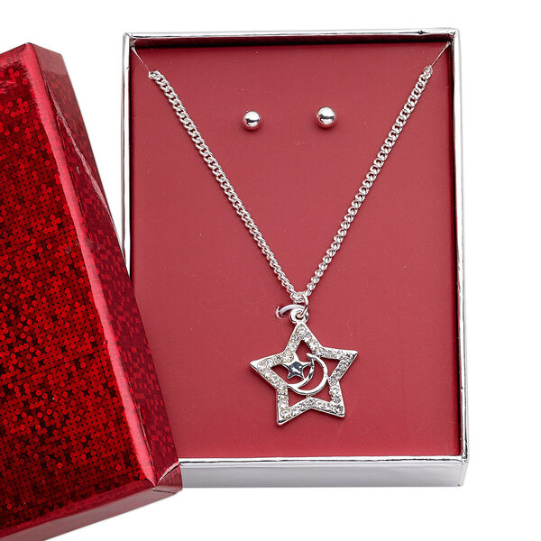 Necklace and earring set, glass rhinestone / silver-finished brass / steel / "pewter" (zinc-based alloy), clear, 21x20mm star with moon, 15" to 16" necklace with 3-inch extender chain and lobster claw clasp, 4mm round with post. Sold per set. image number 0
