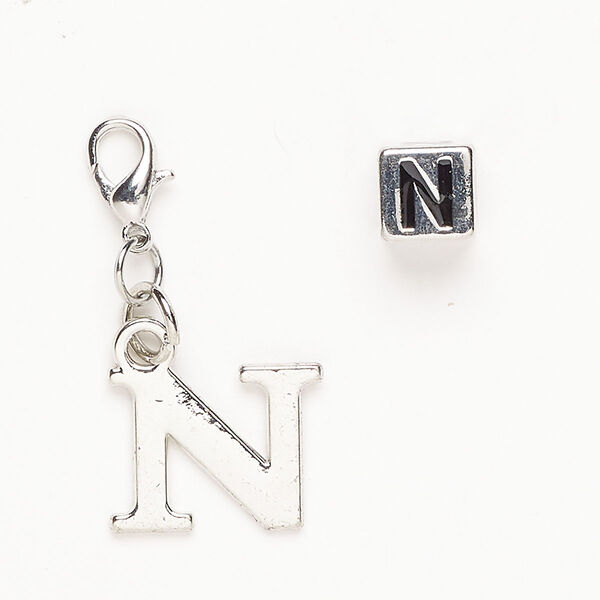 Charm 1pkg2 "pewter" (zinc-based alloy) / steel / enamel, 16x12mm "N" / 7mm cube /lobster claw clasp antique silver finish / black image number 0