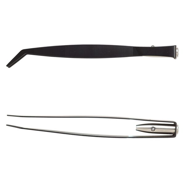 Tweezers, glass / plastic / black-finished steel, clear, 6-3/4 inch bent nose with serrated jaws and LED bulb. Sold individually. image number 0
