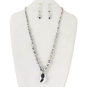 Necklace and earring set, silver-finished "pewter" (zinc-based alloy) / brass / steel / glass, clear with full-silver finish, 38x22mm teardrop, 22 inch with tab clasp, 35x10mm earrings with fishhook ear wire. Sold per set.