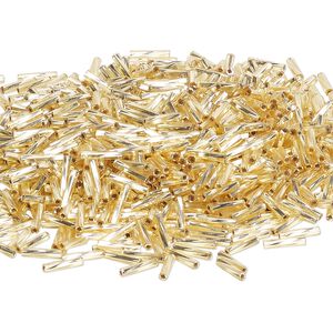 Bead, Miyuki, bugle bead, glass, pkg/250 g, 9x2mm center-drilled twisted, silver-lined translucent gold, (TW-3).