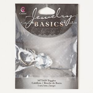 Clasp toggle 1pkg1, 19x18mm heart, silver-finished brass / pale blue acrylic 1-strand