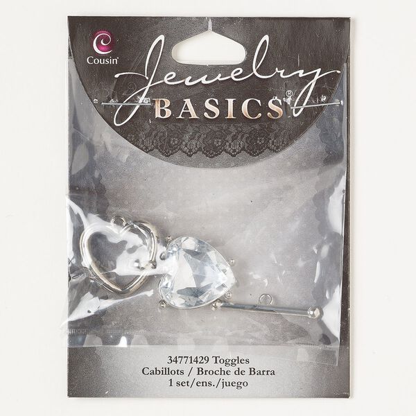 Clasp toggle 1pkg1, 19x18mm heart, silver-finished brass / pale blue acrylic 1-strand image number 0