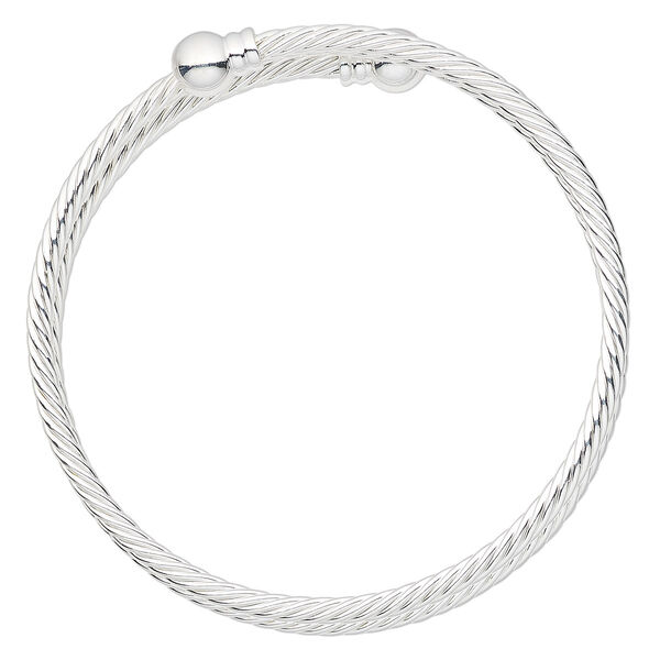 Bracelet, bangle, silver-plated brass, 3.5mm twisted wire with 8mm threaded ball end, adjustable from 7-1/2 to 8 inches. Sold individually. image number 0