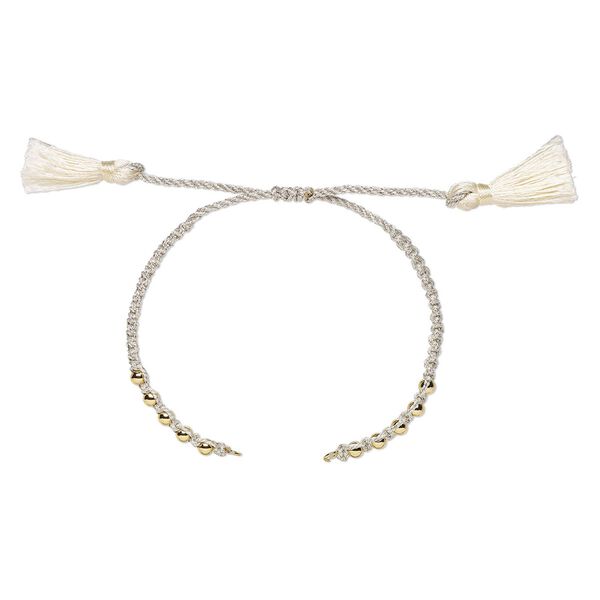 Bracelet component, nylon and gold-finished brass, grey, 9-3/4 inches with adjustable macramé closure and (2) 5mm open loops. Sold individually. image number 0