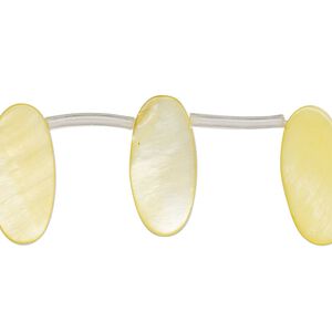 Bead, mother-of-pearl shell (dyed), yellow, 18x6mm-19x9mm top-drilled flat oval, Mohs hardness 3-1/2. Sold per 14-inch strand, approximately 20 beads.