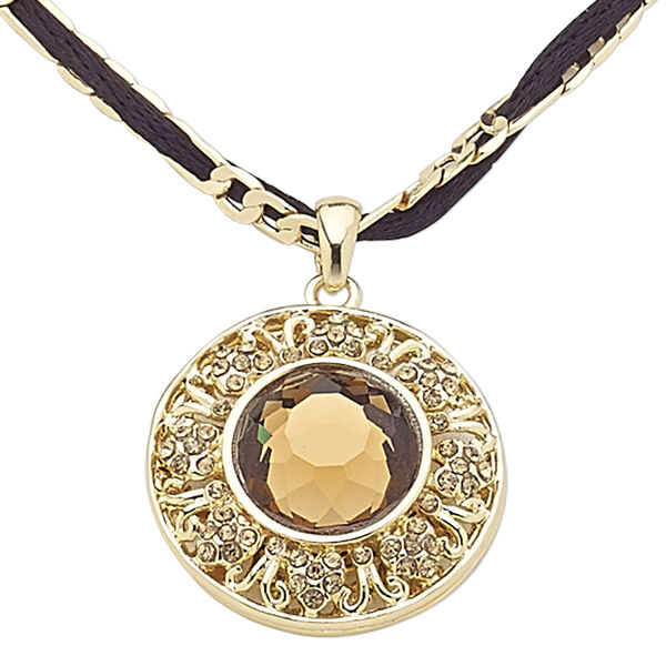 Necklace, polyester / glass rhinestone / gold-finished brass / steel / "pewter" (zinc-based alloy), black and brown, 32mm round, 16 inches with 3-inch extender chain and lobster claw clasp. Sold individually. image number 0