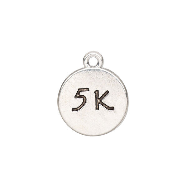 Charm, antique silver-finished "pewter" (zinc-based alloy), 14mm double-sided flat round with "5K." Sold per pkg of 2. image number 0