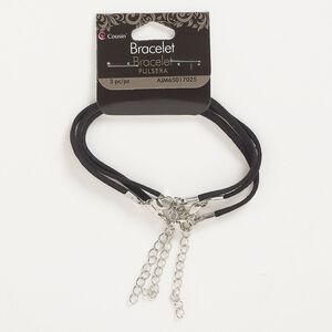 Bracelet, suede / silver-finished "pewter" (zinc-based alloy) / steel, black, 7 inches with lobster claw clasp and 2-inch extender. Sold per pkg of 3.