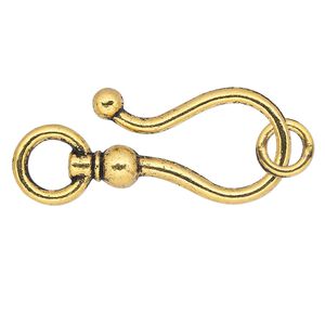 Clasp hook&eye 1pkg10 "pewter" (zinc alloy), 26x16mm, antique gold-finished 1-strand