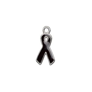 Charm, silver-plated aluminum and epoxy, black, 15x9mm single-sided awareness ribbon. Sold per pkg of 6.