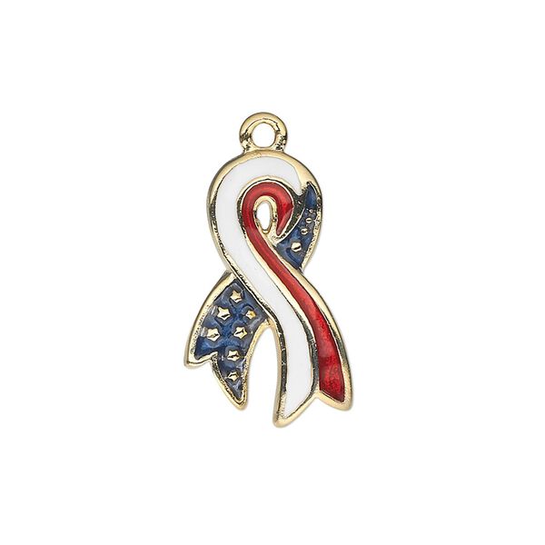 Charm, gold-finished "pewter" (zinc-based alloy) and enamel, red / white / blue, 22x13mm single-sided awareness ribbon. Sold individually. image number 0