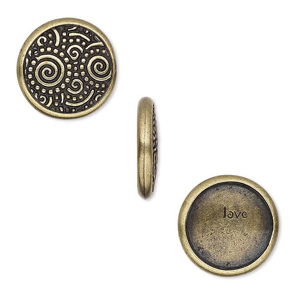 Snap cap, TierraCast®, glue-on, antique brass-plated pewter (tin-based alloy), 15mm single-sided round with swirl design and "love." Sold per pkg of 2. image number 0