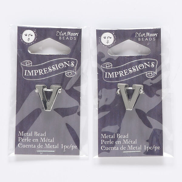 Bead, silver-finished "pewter" (zinc-based alloy), 13mm top-drilled alphabet letter "V" with 2mm hole. Sold per pkg of 2. image number 0